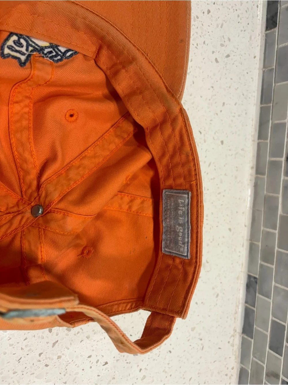 Life Is Good Orange Baseball Cap with Embroidered Dog with backpack